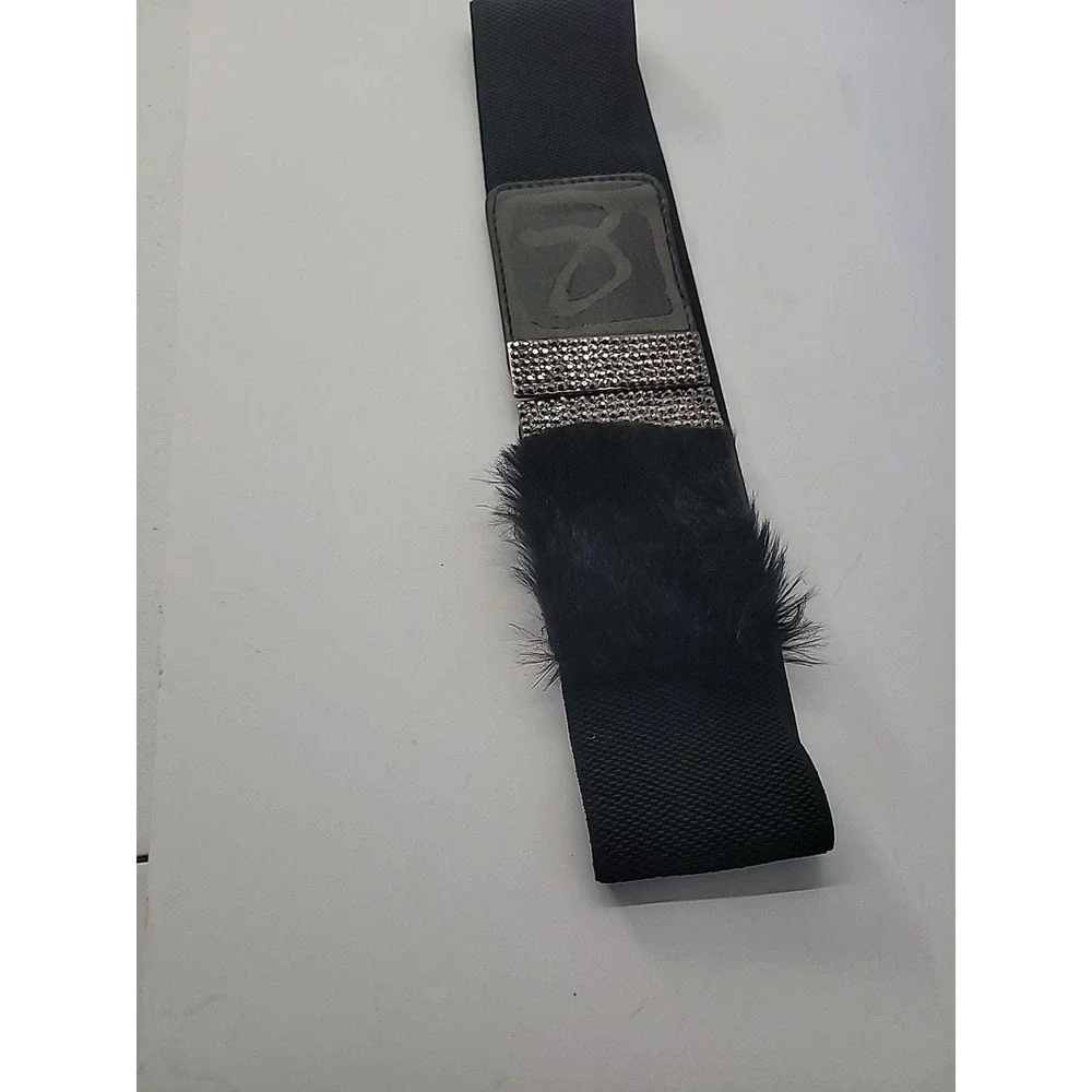 Vintage Black Faux Fur Rhinestones Stretch Belt Medium Large‎ Glam Statement